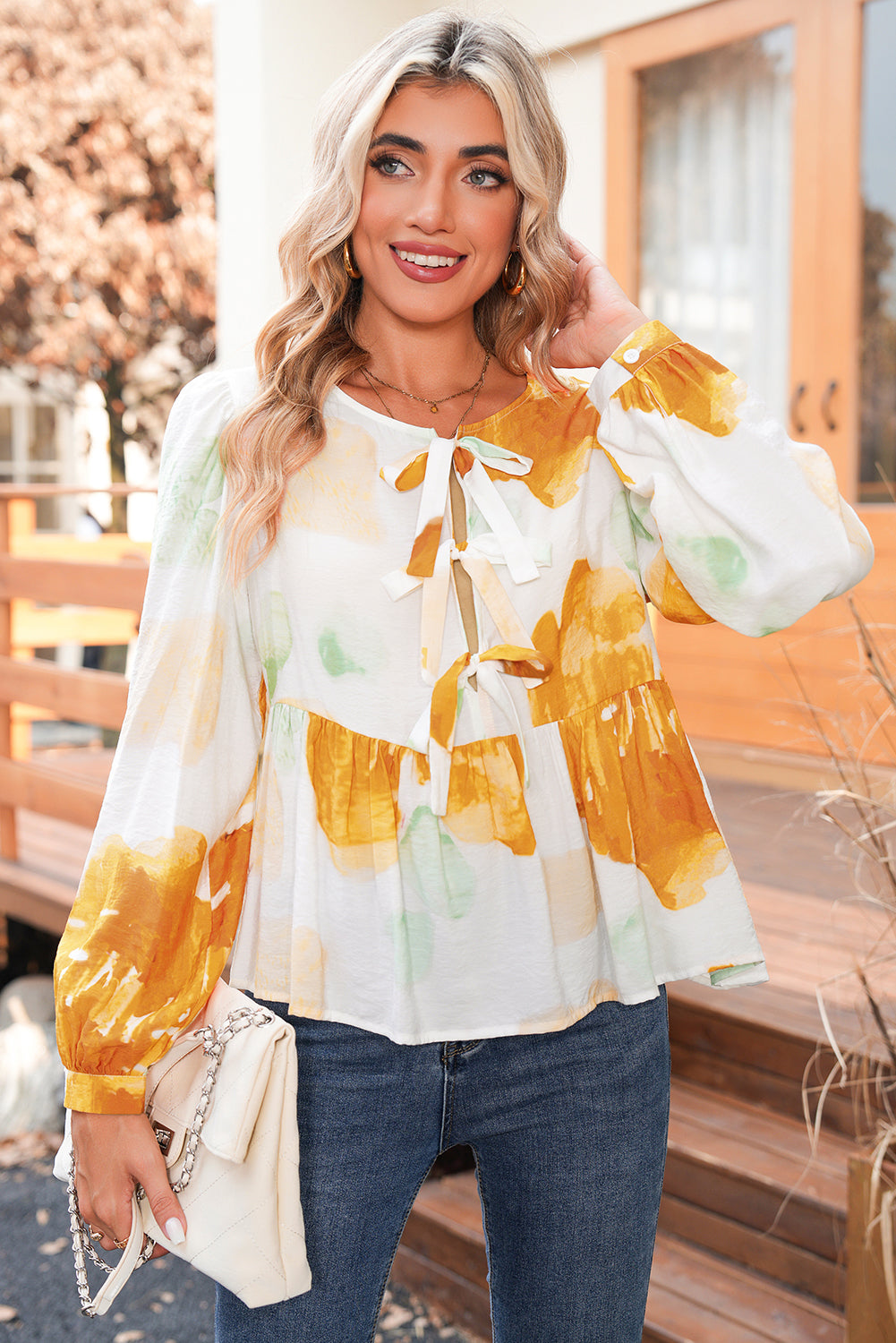 Carrot Abstract Floral Print Bow Tie Long Puff Sleeve Blouse