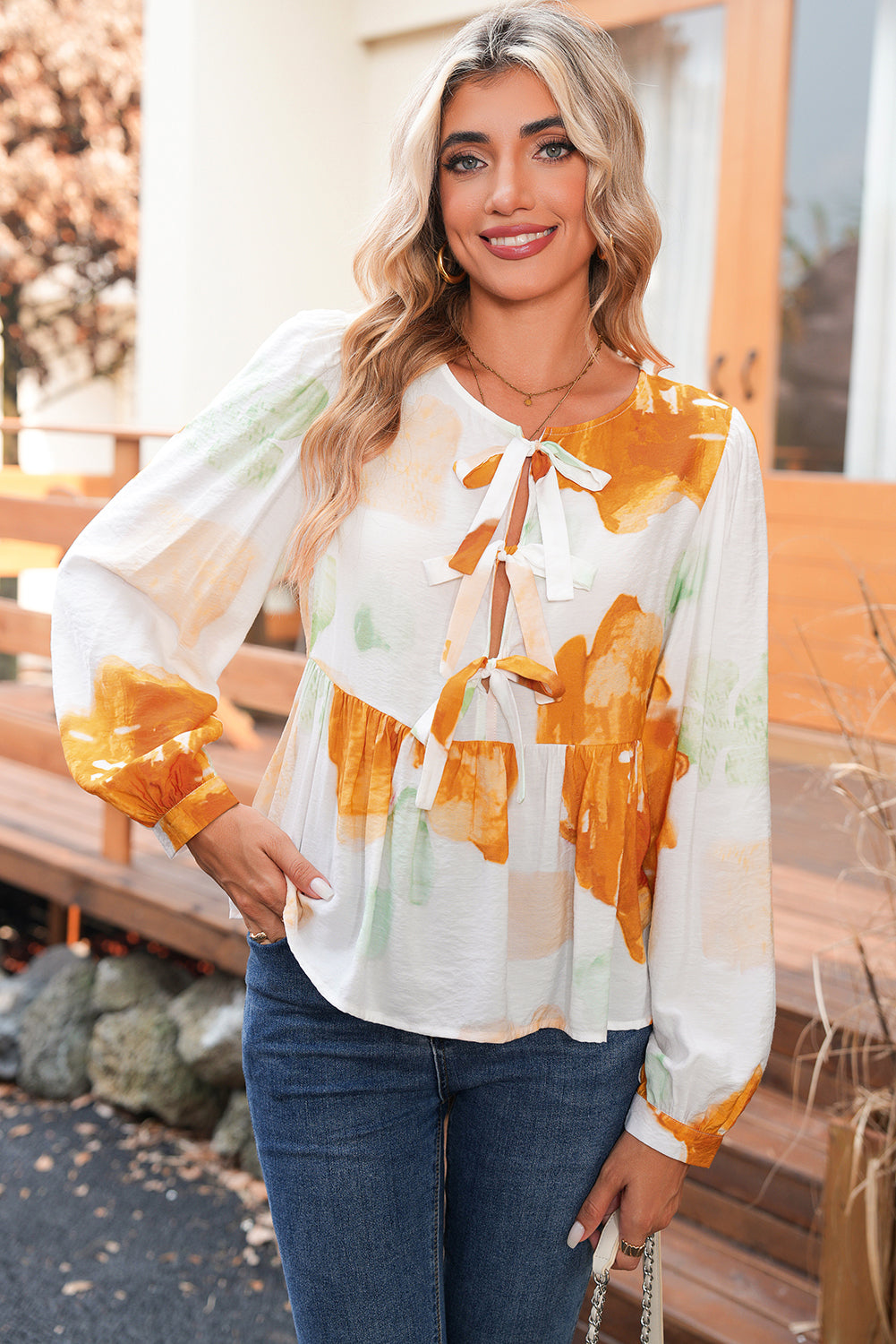 Carrot Abstract Floral Print Bow Tie Long Puff Sleeve Blouse