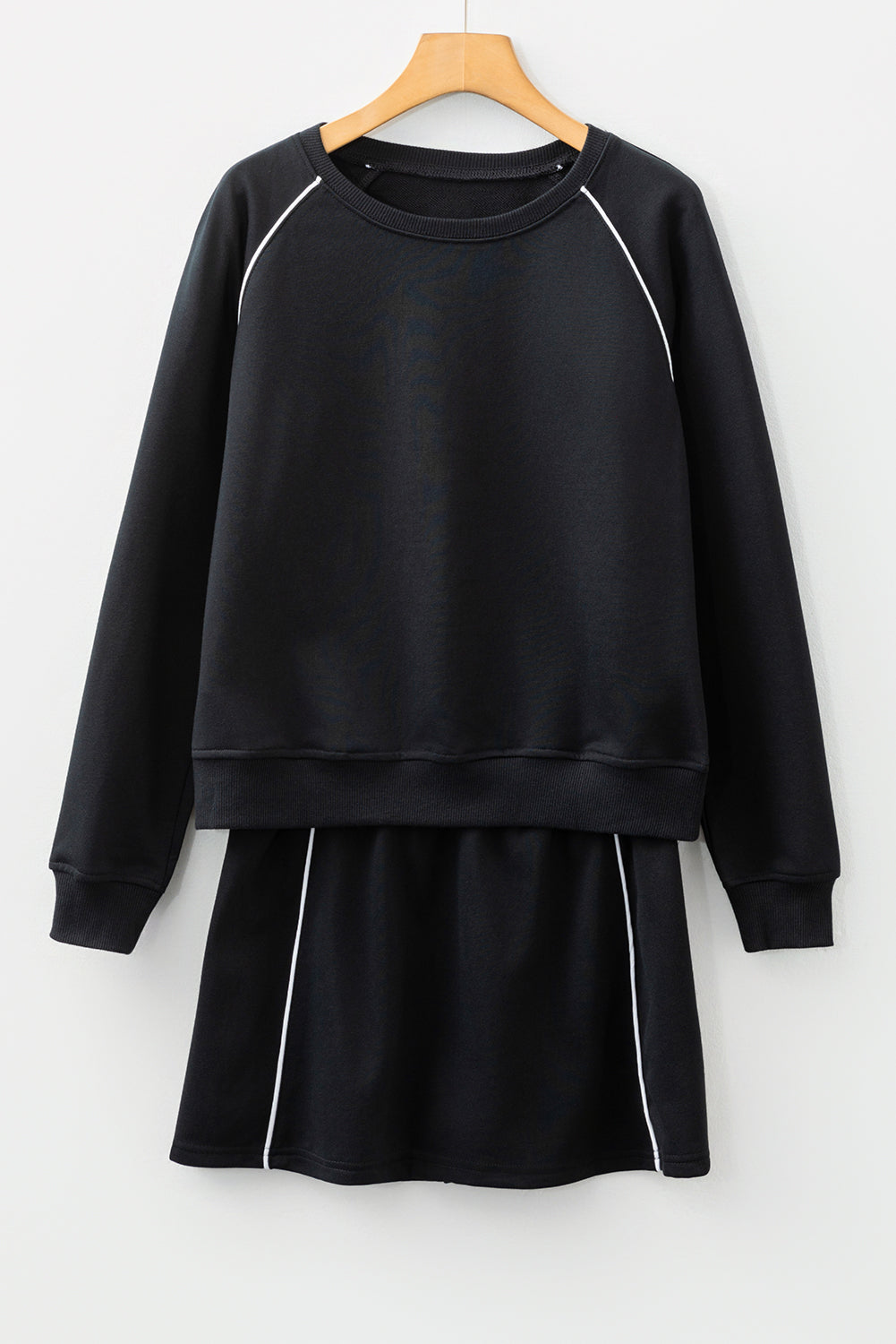 Black Contrast Piping Crewneck Pullover Mini Skirt Set