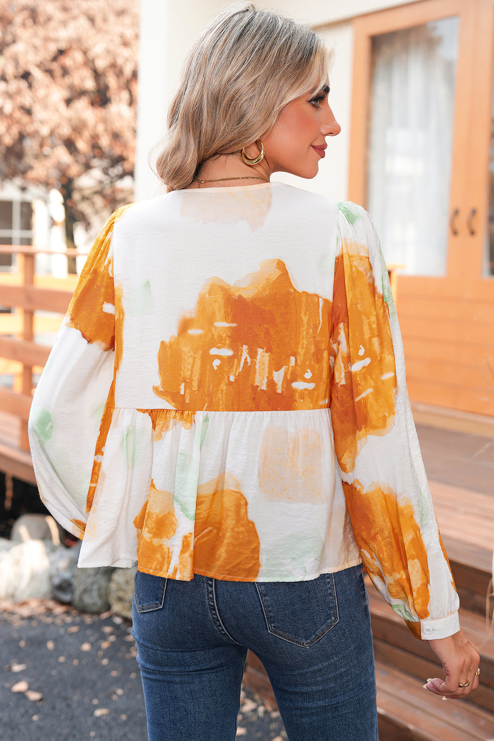 Carrot Abstract Floral Print Bow Tie Long Puff Sleeve Blouse