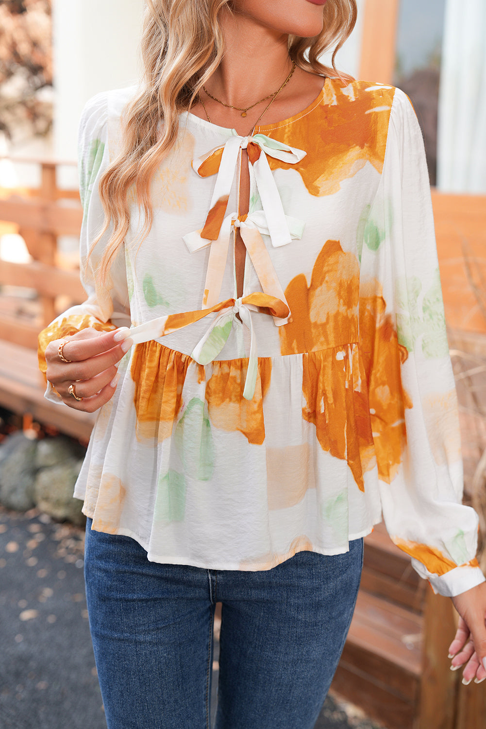 Carrot Abstract Floral Print Bow Tie Long Puff Sleeve Blouse